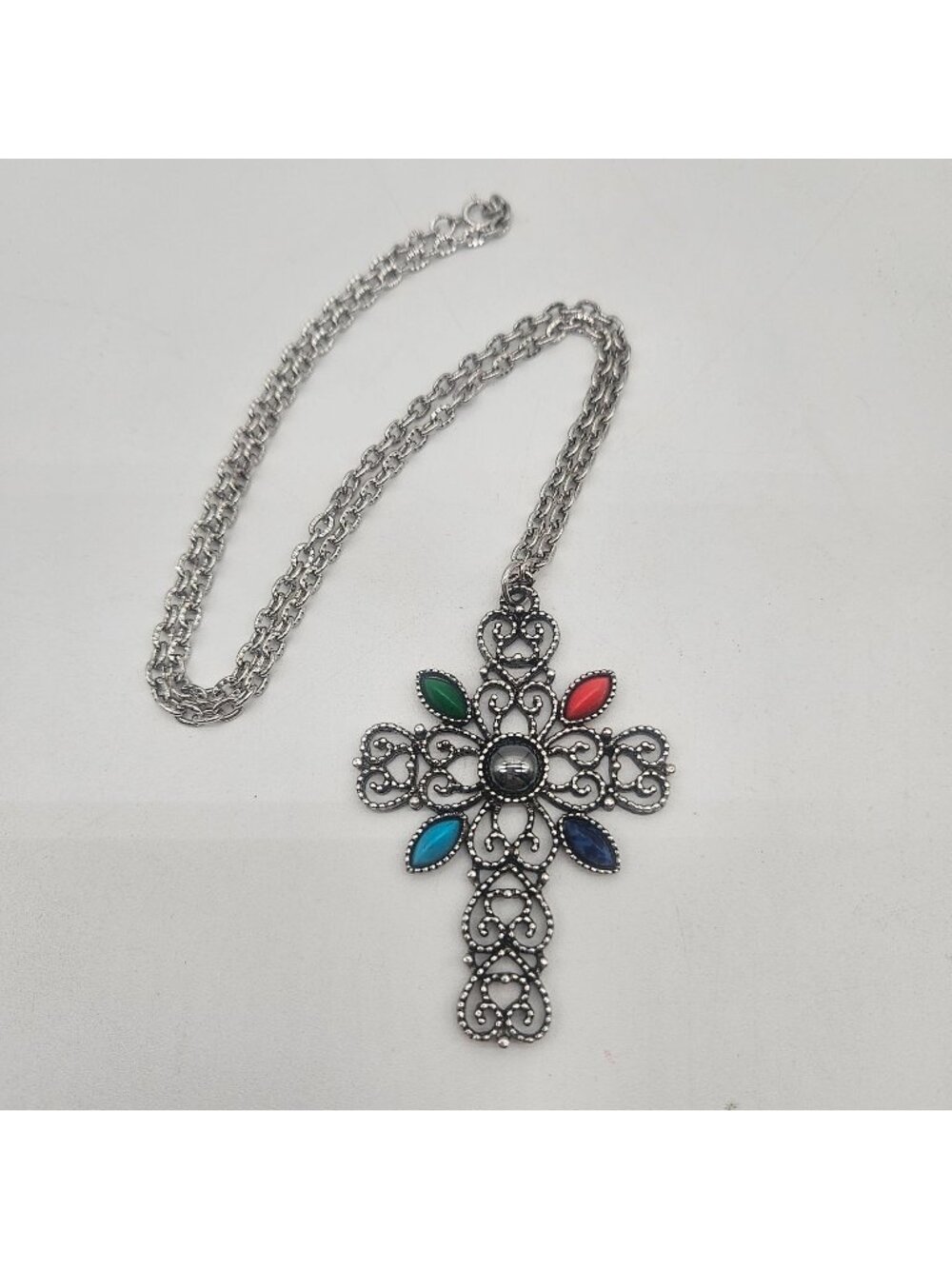 Vintage Avon Silver Tone Faux Gemstone Large Cross Pendant Necklace